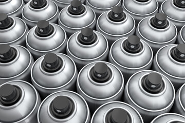 Set of spray paint cans in row on white background. Spray bottle and dispenser
