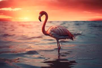 Fototapeta premium Pink flamingo stands in the sea against the backdrop of the setting sun. Generative AI