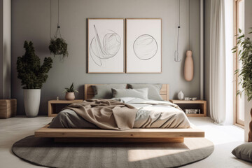 A serene and zen-inspired bedroom with a platform bed, minimalistic decor, and a calming color palette for a peaceful and restful atmosphere. Generative AI
