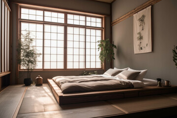Fototapeta na wymiar A serene and zen-inspired bedroom with a platform bed, minimalistic decor, and a calming color palette for a peaceful and restful atmosphere. Generative AI