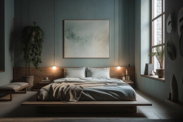A serene and zen-inspired bedroom with a platform bed, minimalistic decor, and a calming color palette for a peaceful and restful atmosphere. Generative AI