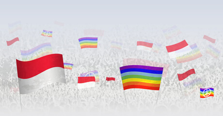 People waving Peace flags and flags of Monaco. Illustration of throng celebrating or protesting with flag of Monaco and the peace flag.