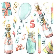 Festive set with blue gifts, pink champagne in bottles and glasses, balloons and confetti. Watercolor illustration, hand drawn. Isolated objects on a white background. Clip art