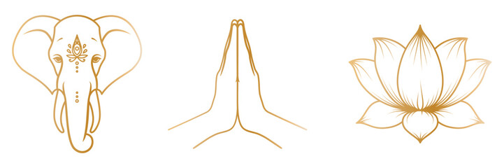 Golden elephant head, lotus flower and hands in mudra Namaste in outline style. Vector illustration isolated on a white background