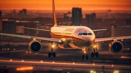 Passenger jet airplane landing during the sunset