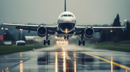 Passenger jet airplane departuring during the rainy day
