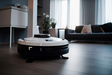 Generative AI, white robot vacuum in house. System for cleaning. new technologies in the modern world.