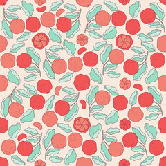 Vector seamless pattern with grapefruit and leaves. Dynamic pattern with colorful summer citrus fruits. Design for fashion, fabric, textile, wallpaper, cover, web, packaging and all prints