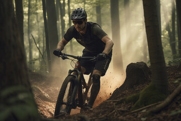 Fototapeta premium MTB bike ride on forest trial. Active and adventure man on bike. Generative AI