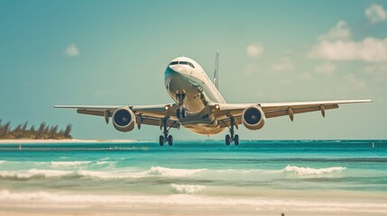 Fototapeta na wymiar Passenger jet airplane landing at the tropical beach