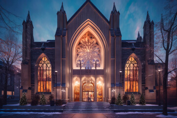 Cathedral exterior architecture, night. Generative AI