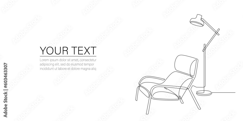 Wall mural continuous one line drawing of armchair, lamp with place for text. interior living room with modern 