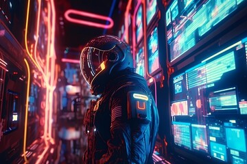 Retrowave Neon illustration of male wearing space suit figure accessing virtual terminal. Alien data interface explorer astronaut. Generative Ai.