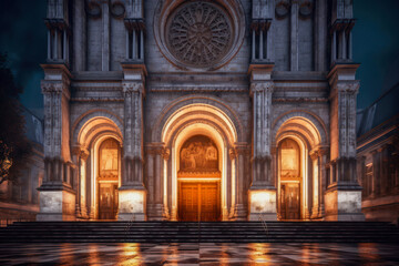 Obraz premium Cathedral exterior architecture, night. Generative AI