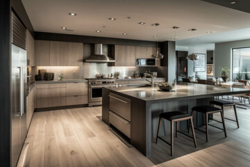 A contemporary kitchen with sleek countertops, stainless steel appliances, and an open layout that seamlessly connects to the dining area. Generative AI
