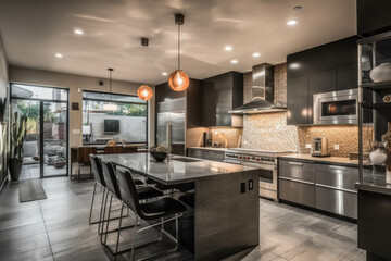 A contemporary kitchen with sleek countertops, stainless steel appliances, and an open layout that seamlessly connects to the dining area. Generative AI