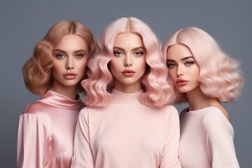 Three beautiful women with hair coloring in ultra blond. Stylish hairstyle curls done in a beauty salon. Fashion girls. Generative ai.