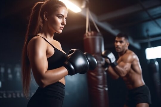 Young Latin lady kickboxing exercise workout punching bag tough female fighter practice boxing in gym fitness class. Generative Ai.