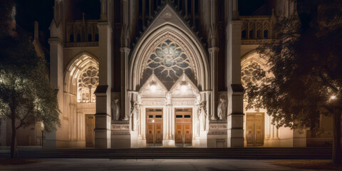 Cathedral exterior architecture, night. Generative AI