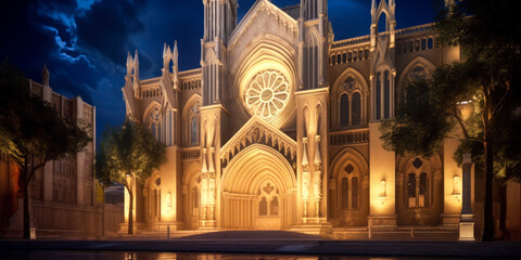 Obraz premium Cathedral exterior architecture, night. Generative AI