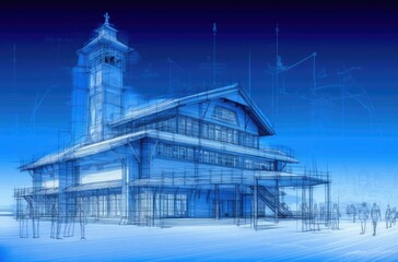 Modern blueprint with white sketch lines exhibition building with a tower intricate details generative ai