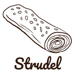 Strudel -  kind of roll homemade pastry. Doodle hand drawn illustration of pay for decoration of bakery products shop and menu.  Vector illustration.