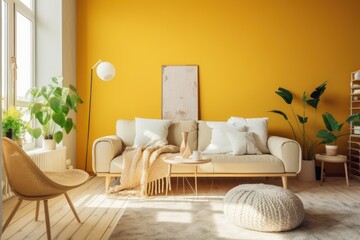 modern living room with sofa orange wall