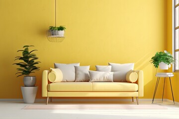 modern living room with sofa yellow wall color