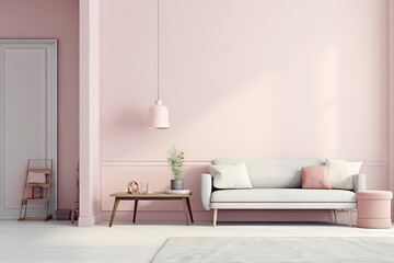 Fototapeta na wymiar plain pastel pink wall interior with modern sofa