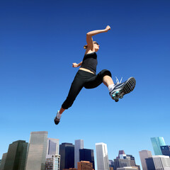 Fototapeta na wymiar A young blond woman jumping high above downtown