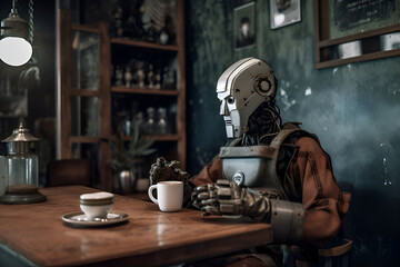 A robot in a vintage cafe with a cup of coffee, Generative AI