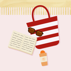 female bag with beach accessories: sunglasses, sunscreen, book - vector illustration with summer vibe