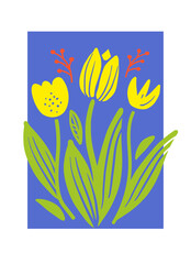 Fototapeta na wymiar Bouquet of yellow tulips card template with in the Matisse style. Vector flat illustration for postcard, invitation, cover, banner design.