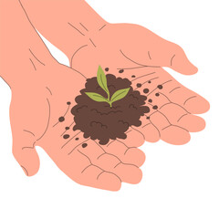 A young green sprout with soil in the hands of a man. Caring for nature and ecology. Garden, vegetable garden and farm. Cartoon vector illustration isolated on white background