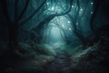 Mystical forest landscape with trees silhouettes in dark. Path in magical dreamy forest. Created with Generative AI