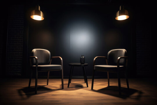 Studio for interview and podcast. Two empty chairs and spotlights in dark room. Created with Generative AI