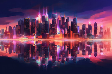 Fototapeta na wymiar Skyline with neon colored city at night. Cityscape with reflection in river. Futuristic cyberpank banner with colorful skyscrapers. Created with Generative AI