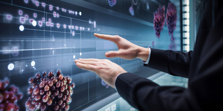Innovative image capturing a skilled hand selecting optimal grape genetic traits via touchscreen in a biotechnology lab, showcasing precision and emotion in modern agronomy. Generative AI