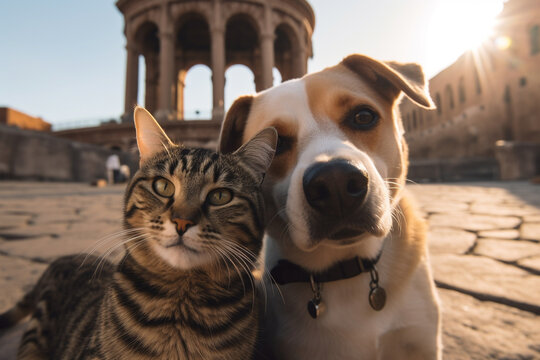 Funny and cute dog and cat freinds taking selfie while on travel. Generative AI