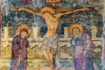 Poster Medieval painting of the 15th century depicting the Crucifixion of Jesus in Kolossi Castle, Cyprus. © runny1975