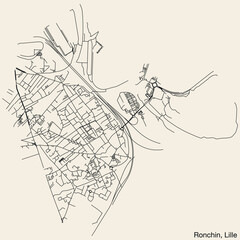 Fototapeta na wymiar Detailed hand-drawn navigational urban street roads map of the RONCHIN QUARTER of the French city of LILLE, France with vivid road lines and name tag on solid background