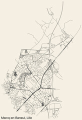 Detailed hand-drawn navigational urban street roads map of the MARCQ-EN-BARŒUL QUARTER of the French city of LILLE, France with vivid road lines and name tag on solid background