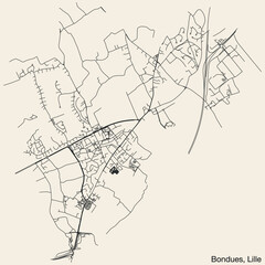 Detailed hand-drawn navigational urban street roads map of the BONDUES QUARTER of the French city of LILLE, France with vivid road lines and name tag on solid background