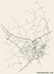 Detailed hand-drawn navigational urban street roads map of the WAMBRECHIES QUARTER of the French city of LILLE, France with vivid road lines and name tag on solid background