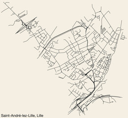 Detailed hand-drawn navigational urban street roads map of the SAINT-ANDRE-LEZ-LILLE QUARTER of the French city of LILLE, France with vivid road lines and name tag on solid background