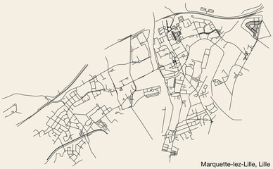 Fototapeta na wymiar Detailed hand-drawn navigational urban street roads map of the MARQUETTE-LEZ-LILLE QUARTER of the French city of LILLE, France with vivid road lines and name tag on solid background