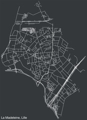 Detailed hand-drawn navigational urban street roads map of the LA MADELEINE QUARTER of the French city of LILLE, France with vivid road lines and name tag on solid background