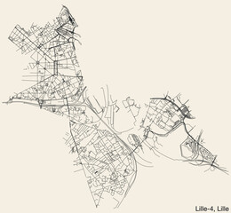 Detailed hand-drawn navigational urban street roads map of the LILLE-4 CANTON of the French city of LILLE, France with vivid road lines and name tag on solid background