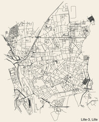 Detailed hand-drawn navigational urban street roads map of the LILLE-3 CANTON of the French city of LILLE, France with vivid road lines and name tag on solid background