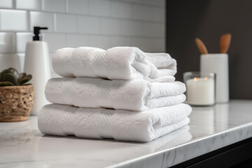 Fototapeta na wymiar Stack of towels on bathroom countertop. Generative AI